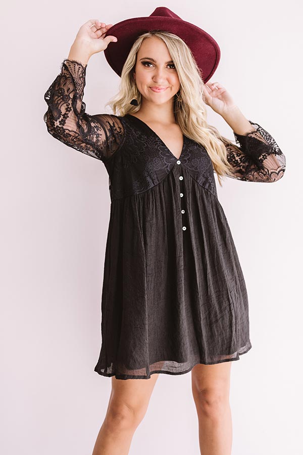 burgundy babydoll dress with black lace detailing Sketch of Burgundy Dress with Black Lace Appliques