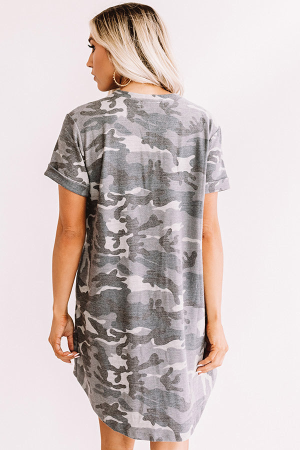grey camo dress Grey Camo Tie Waist Shirt Dress with Pockets & Button Front