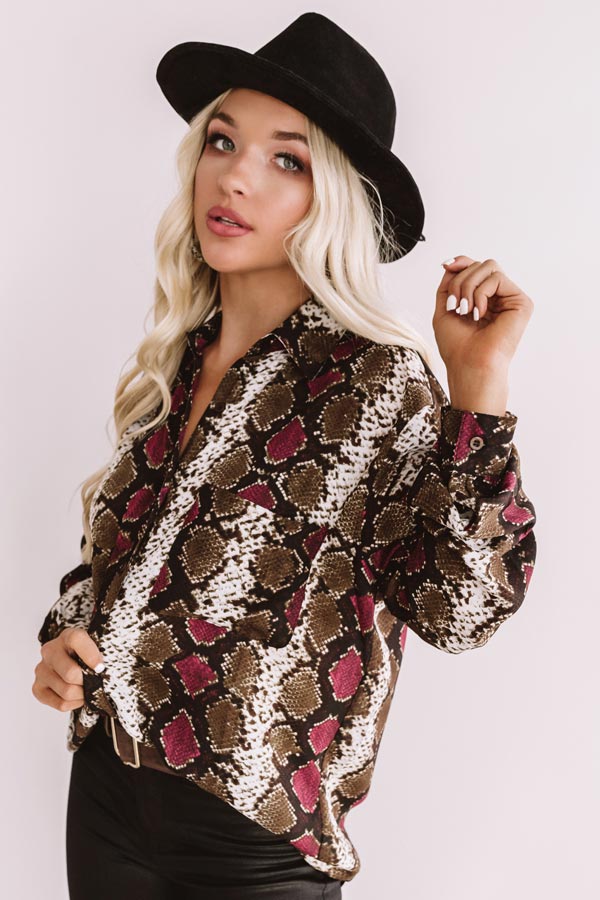 Cider In Aspen Button Up Top In Sangria