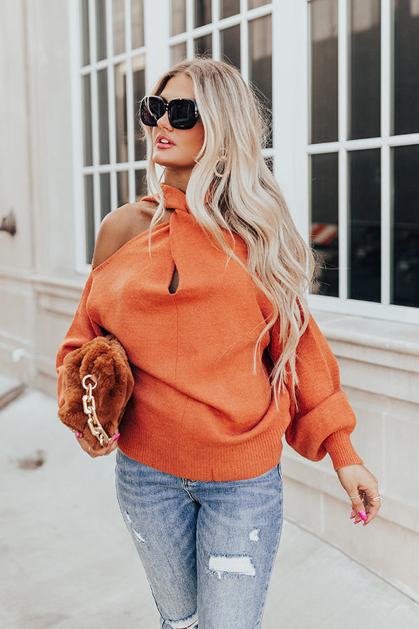 Sweet Embrace Cold Shoulder Sweater In Rust