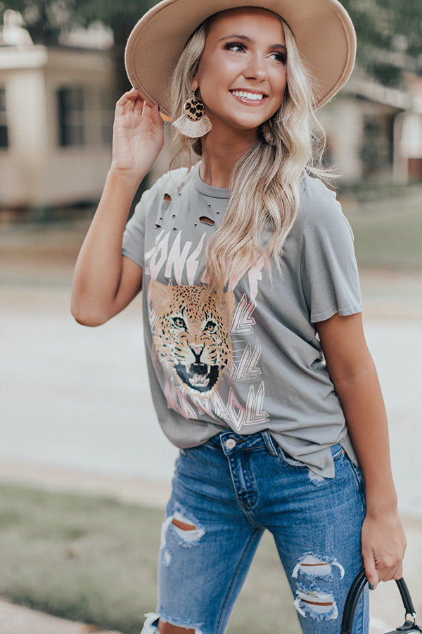 Long Live Rock N' Roll Distressed Boyfriend Tee in Grey