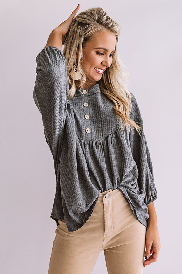 Travel The World Waffle Knit Top In Dark Grey