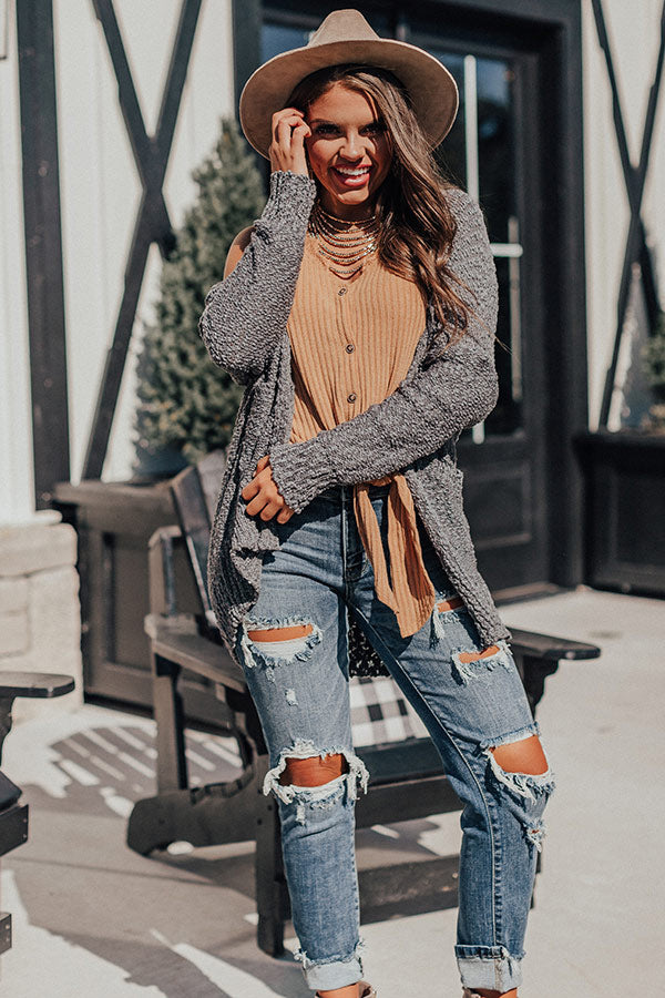Latte Cozy Popcorn Knit Cardigan In Dark Grey