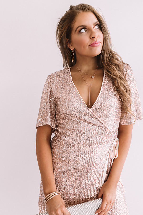 rose gold sequin wrap dress JOHN ZACK SEQUIN DRESS IN ROSE GOLD PLUNGE V NECK WRAP OVER