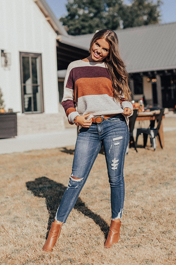 Cozy Sunday Charm Color Block Sweater In Maroon Image - 1