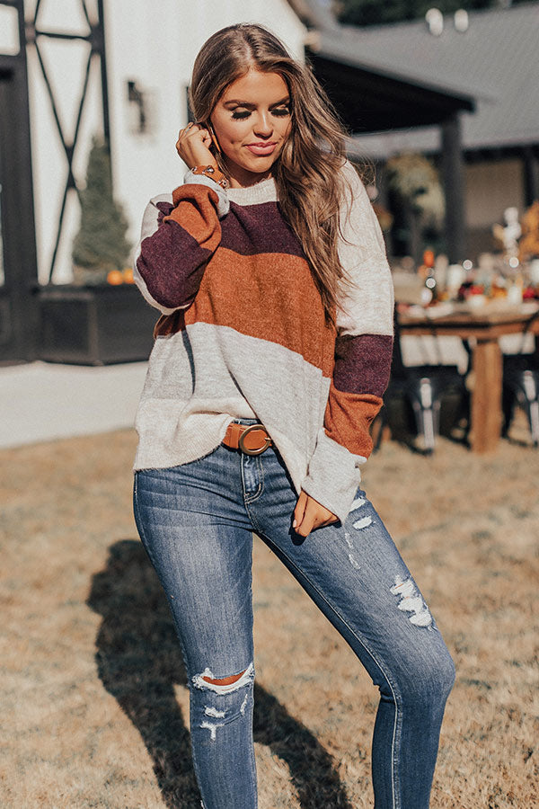 Cozy Sunday Charm Color Block Sweater In Maroon Image - 1