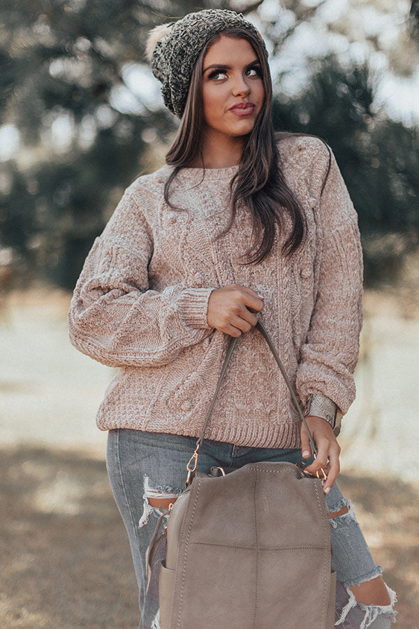 Cabin Kisses Cable Knit Chenille Sweater in Light Mocha