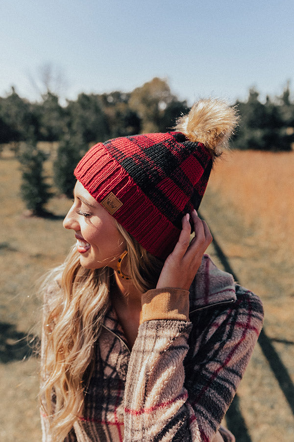 Kisses And Cabins Fleece Lined Checkered Beanie In Crimson