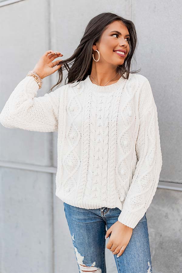 Cabin Kisses Cable Knit Chenille Sweater in Ivory