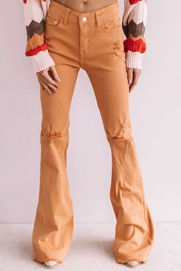 The Gabby Distressed High Waist Flare In Light Pumpkin