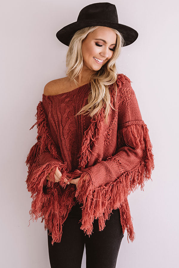 Cinnamon Sugar Kisses Fringe Sweater In Wine