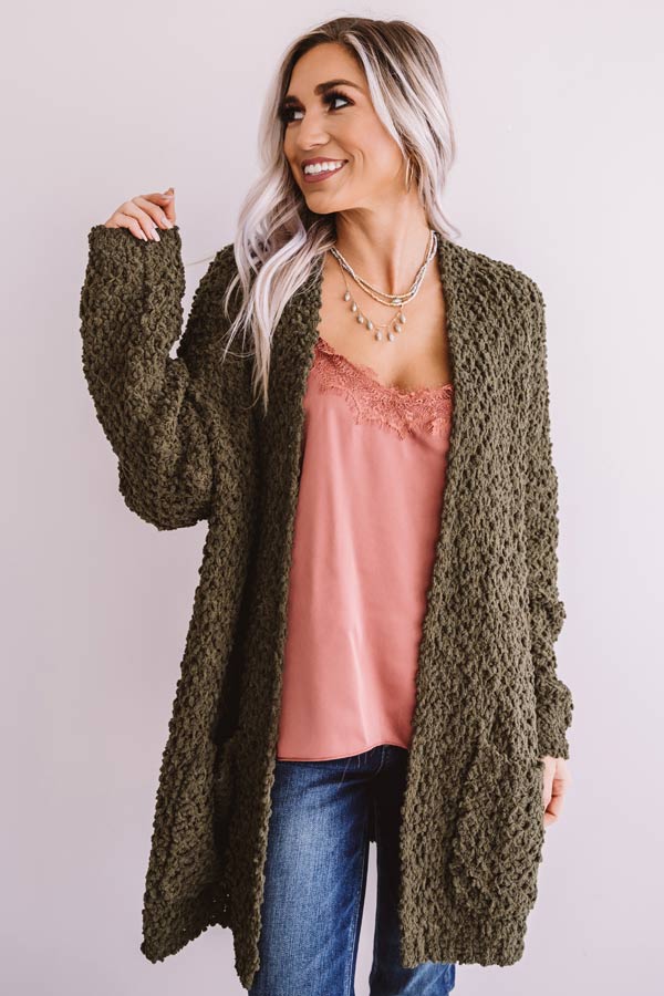 Bombshell Snuggles Knit Cardigan In Army Green