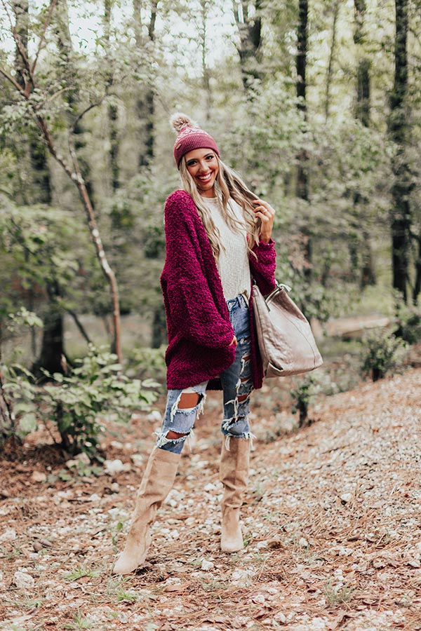 Bombshell Snuggles Knit Cardigan In Wine