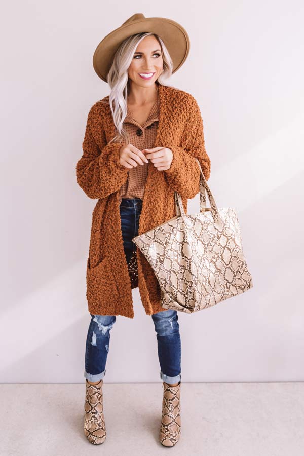 Bombshell Snuggles Knit Cardigan In Cinnamon