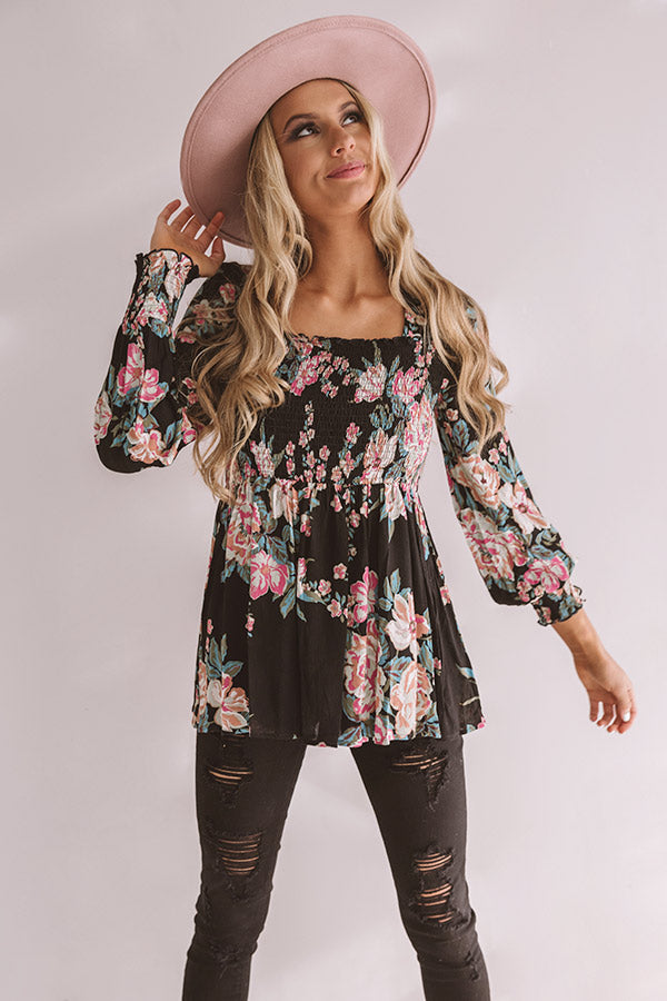 Romance On Repeat Floral Shift Top In Black