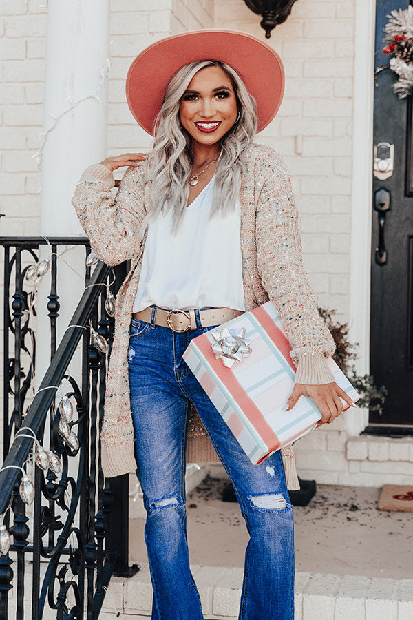 Shining Statement Knit Cardigan in Warm Taupe