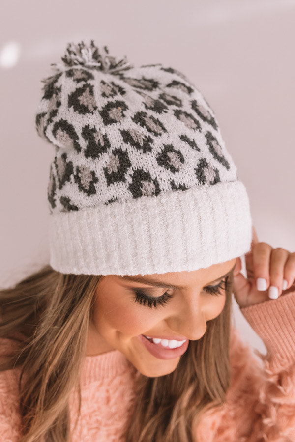 Fresh Snowfall Leopard Pom Beanie in Ivory