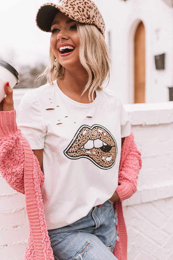 Leopard Lips Distressed Boyfriend Tee In White