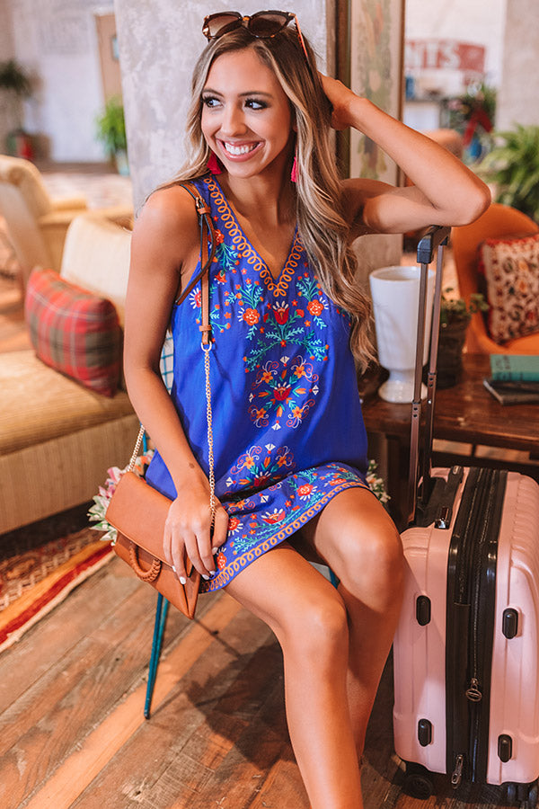 Cocktail Please Embroidered Shift Dress In Royal Blue Cocktail Please Embroidered Shift Dress In Royal Blue