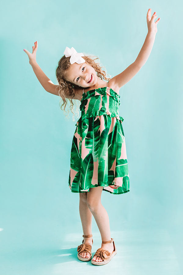 Pools And Palm Trees Children's Smocked Dress In Palm Leaf Green Pools And Palm Trees Children's Smocked Dress In Palm Leaf Green