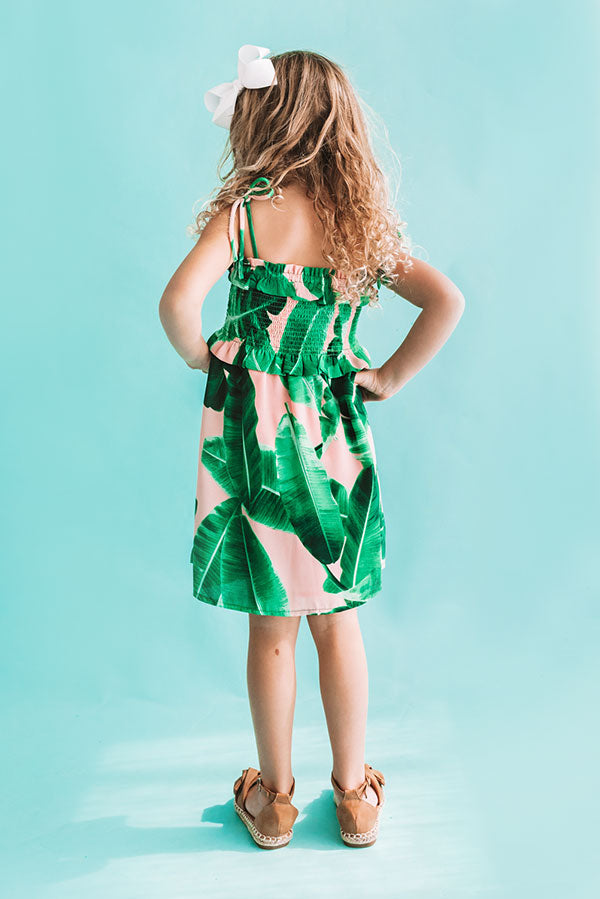 Pools And Palm Trees Children's Smocked Dress In Palm Leaf Green