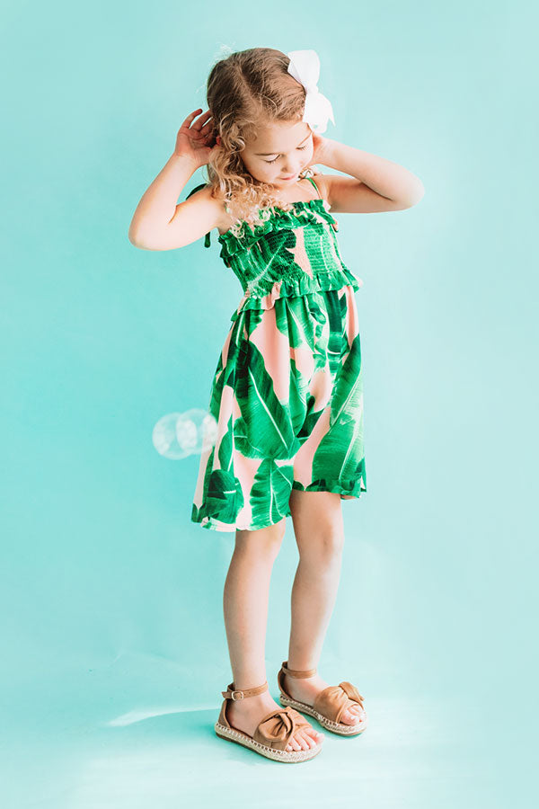 Pools And Palm Trees Children's Smocked Dress In Palm Leaf Green