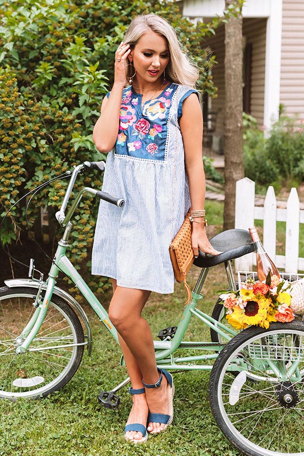 Wild Flower Embroidered Shift Dress In Navy