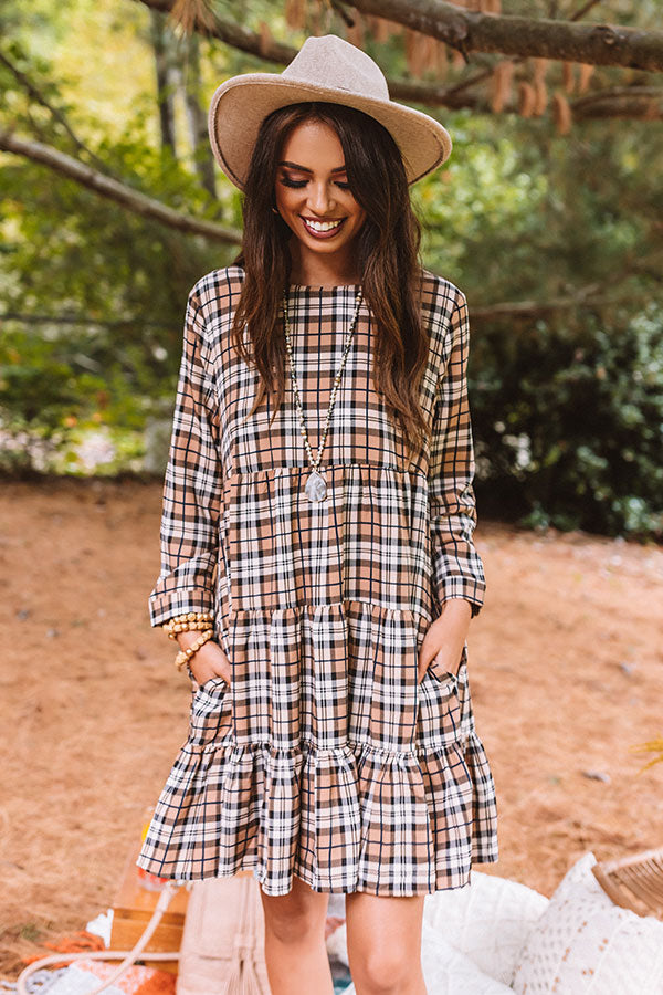 Cinnamon And Spice Plaid Babydoll Dress In Iced Latte