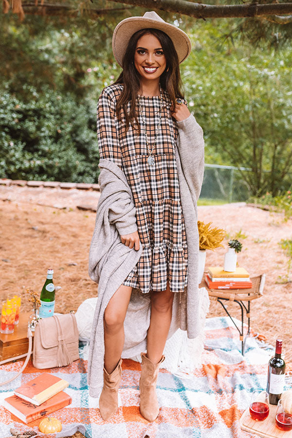 Cinnamon And Spice Plaid Babydoll Dress In Iced Latte