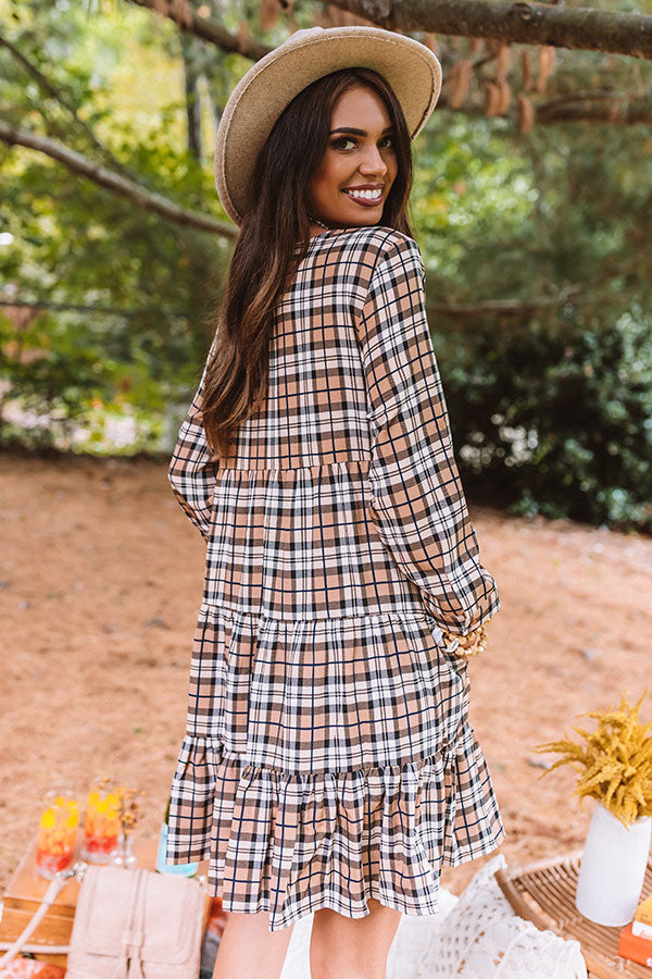 Cinnamon And Spice Plaid Babydoll Dress In Iced Latte