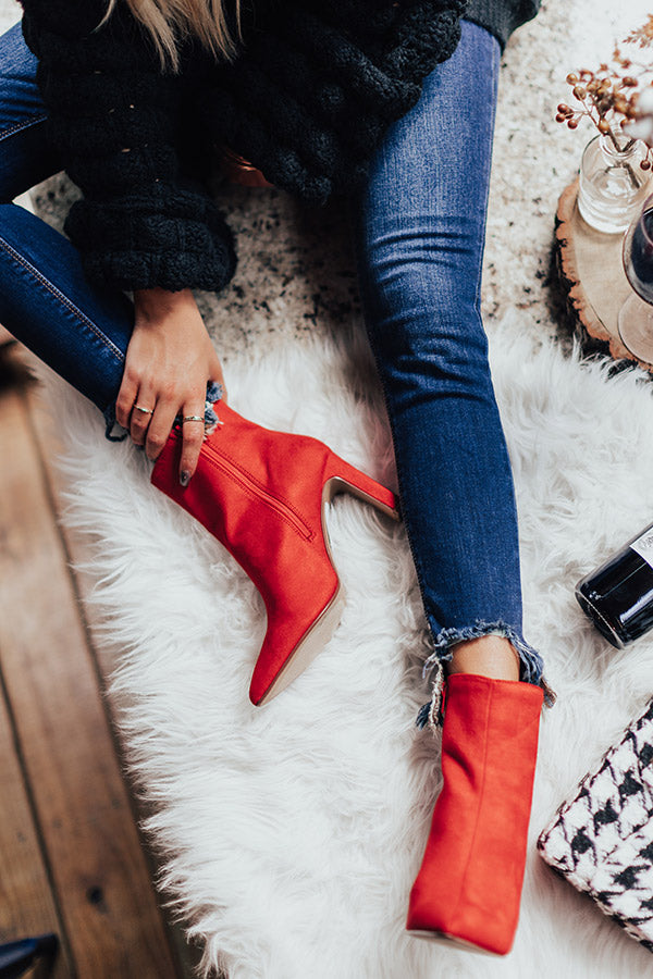 The Erin Faux Suede Ankle Bootie in Red