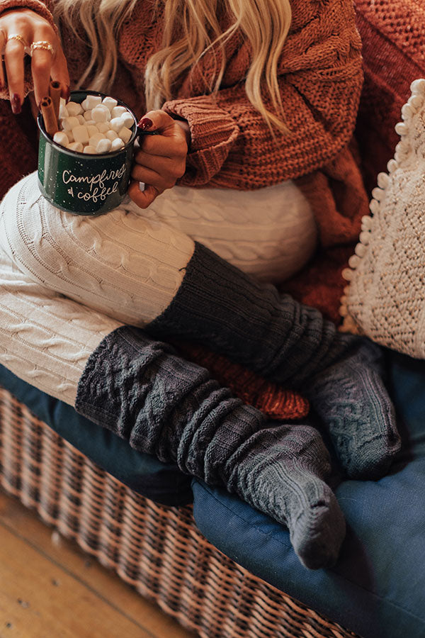 Cozy Vibes Thigh High Cable Knit Socks In Charcoal