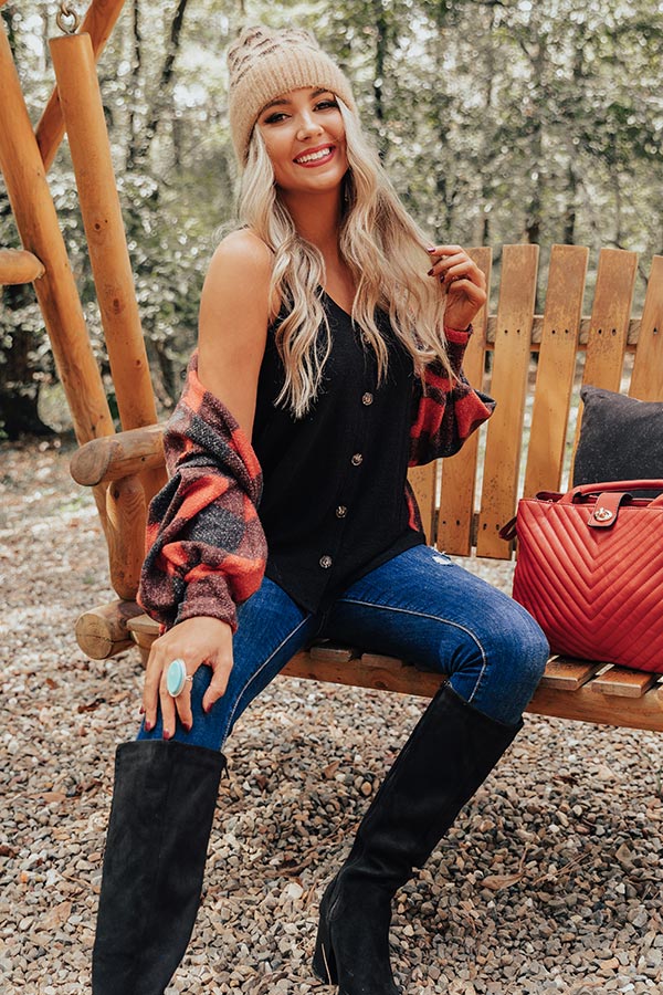 Never Too Toasty Buffalo Check Cardigan In Red