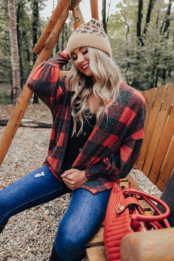 Never Too Toasty Buffalo Check Cardigan In Red