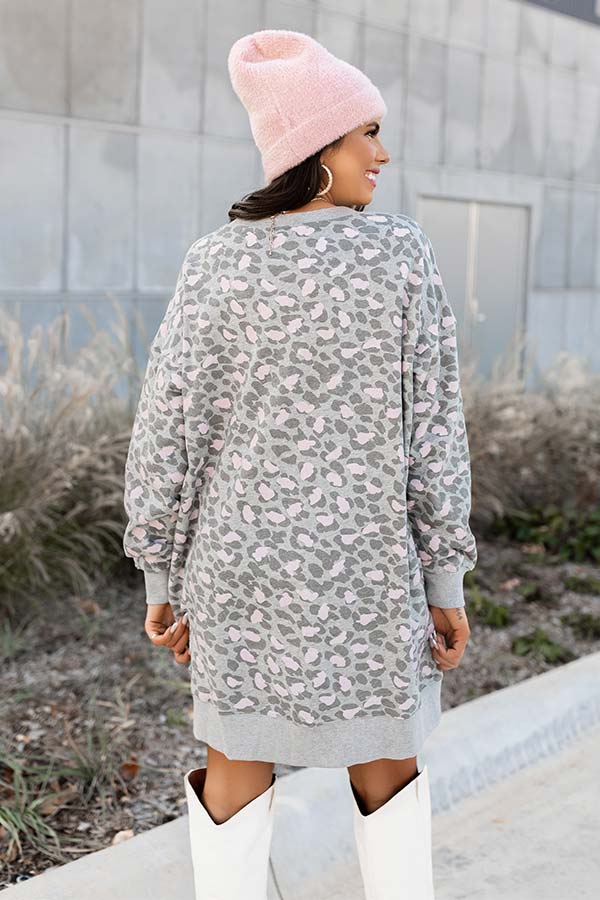 Play It Cool Leopard Sweater Dress In Grey Play It Cool Leopard Sweater Dress In Grey