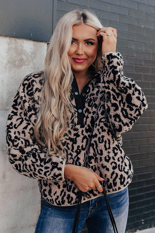 On Cocoa Time Leopard Sherpa Pullover in Warm Taupe