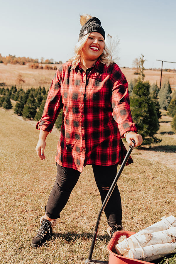 Cottage Vibes Flannel Tunic Top in Red Curves Image - 1