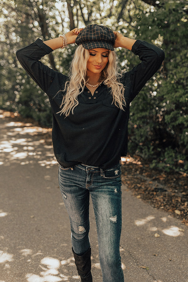 Latte Lane Waffle Knit Top in Black