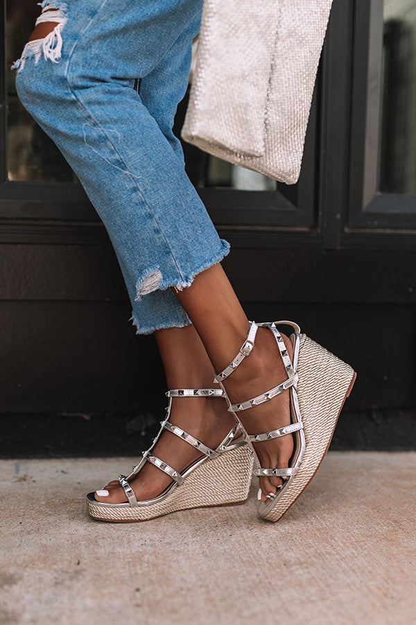 Valentino Blue Denim Rockstud Espadrille Wedge Ankle-Strap Pumps