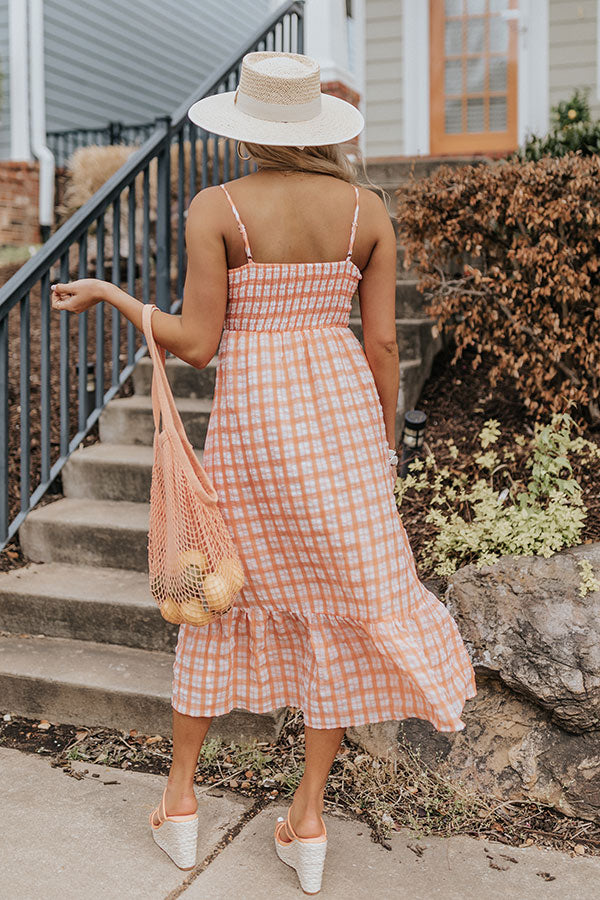 seersucker midi dress Navy Stripe | Smocked Waist Tiered Skirt halter straps Plaid Seersucker Midi Dress Mallard
