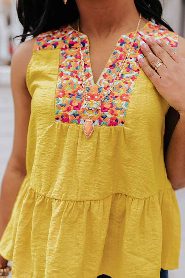 Tahitian Gardens Embroidered Top In Mustard