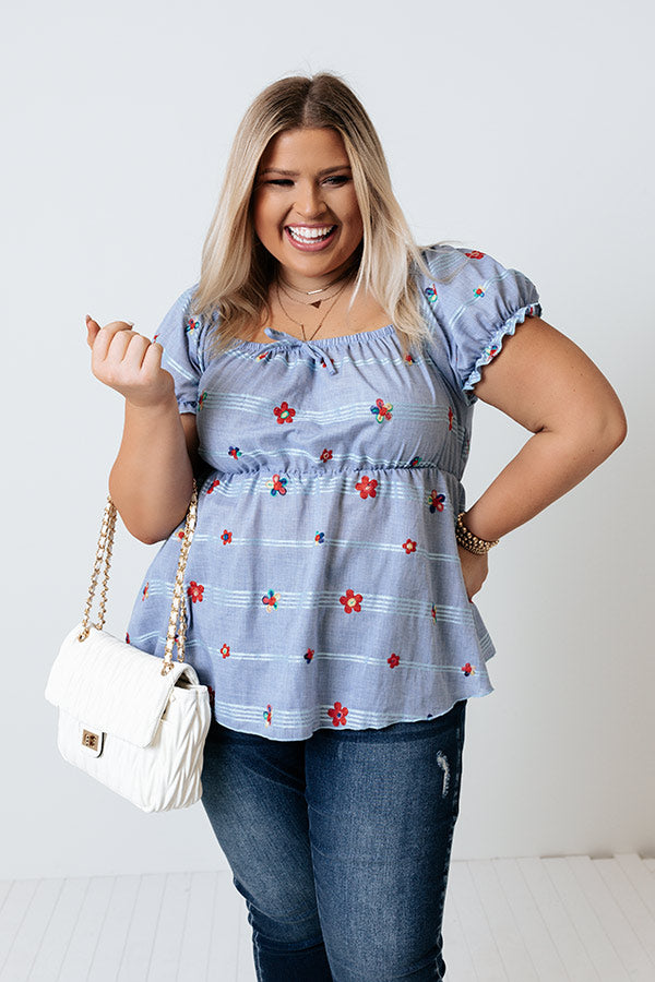 Spark Joy Embroidered Top In Sky Blue Curves