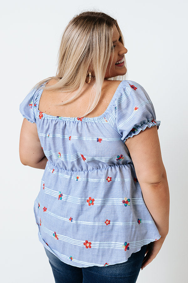 Spark Joy Embroidered Top In Sky Blue Curves