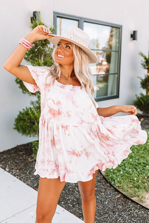pink and white tie dye dress Rose Tie-Dye - Short Sleeve Mini Dress - T-Shirt Dress mize your allure with the deep surplice V Ruffled Tie-Dye Single Shoulder Mini