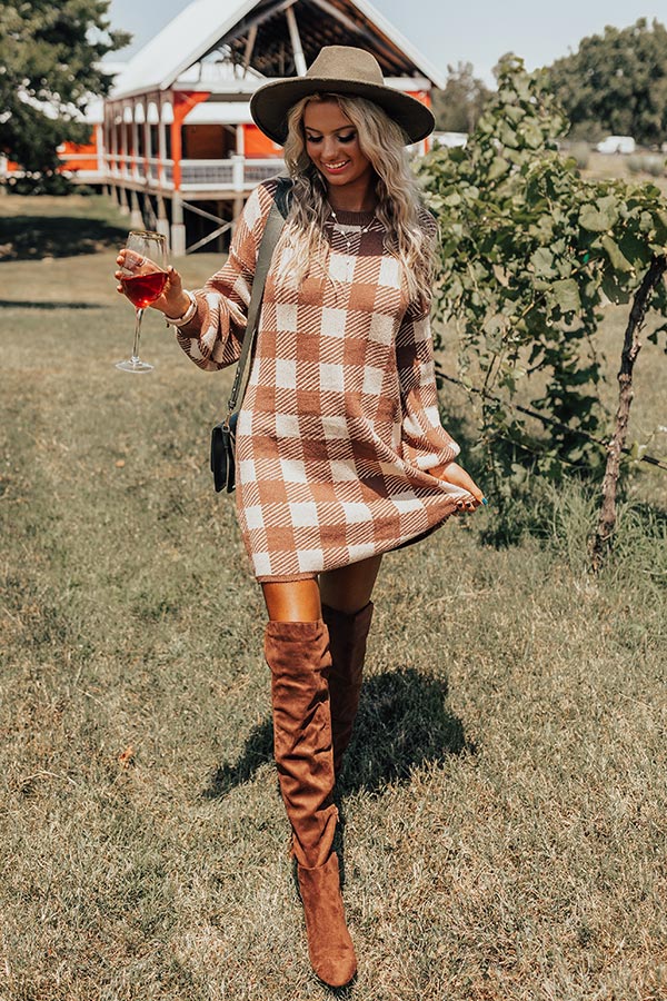 Fall Transition Plaid Sweater Dress In Mocha Fall Transition Plaid Sweater Dress In Mocha