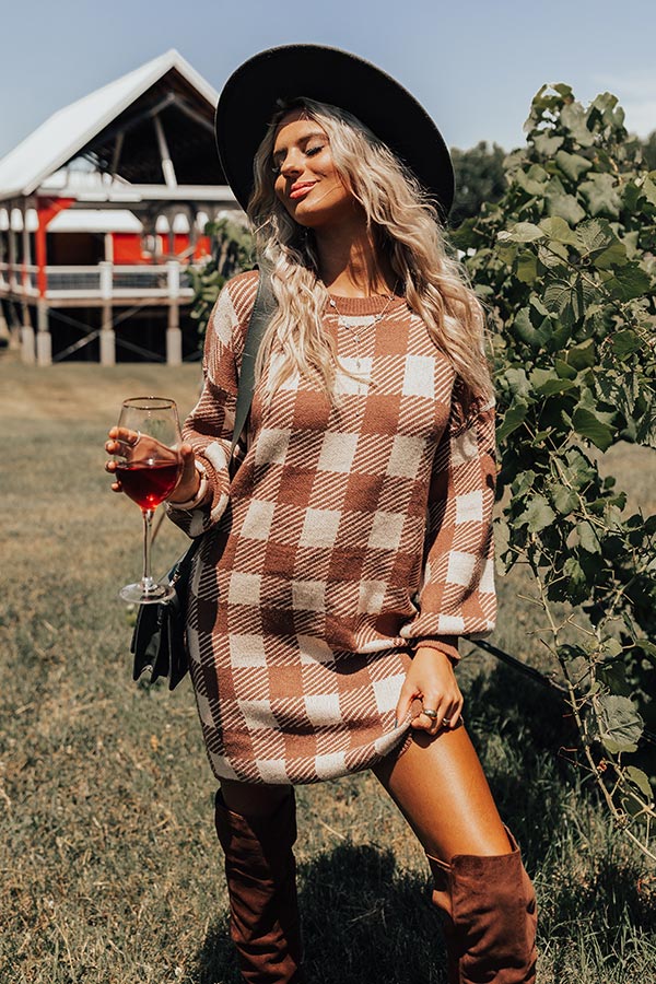 Fall Transition Plaid Sweater Dress In Mocha Fall Transition Plaid Sweater Dress In Mocha
