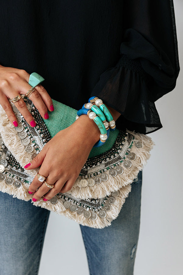 Lelani Resin Color-Block And Glass Pearl Stretch Bracelet in Blue/Turquoise