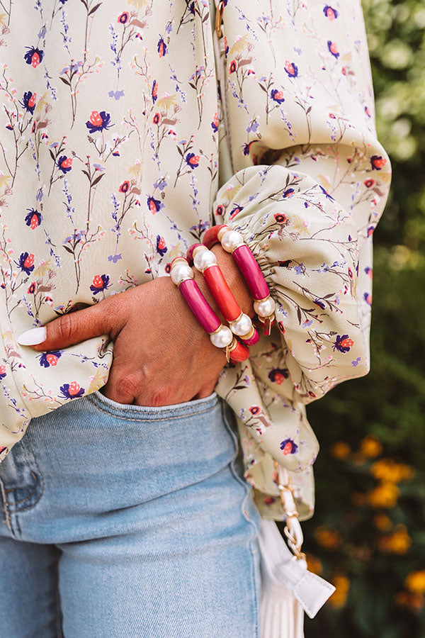 Lelani Resin Color-Block And Glass Pearl Stretch Bracelet in Fuchsia Flame