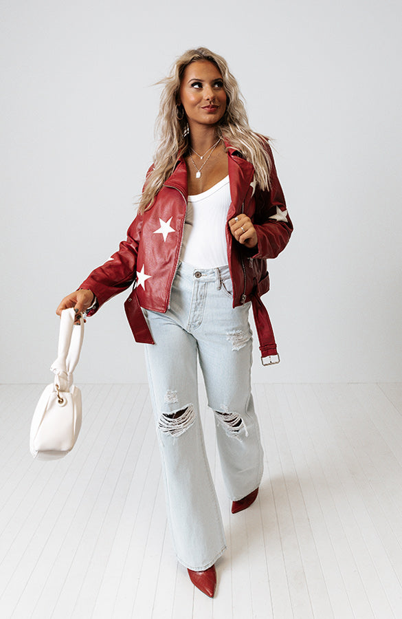 Starry Staple Faux Leather Jacket In Crimson