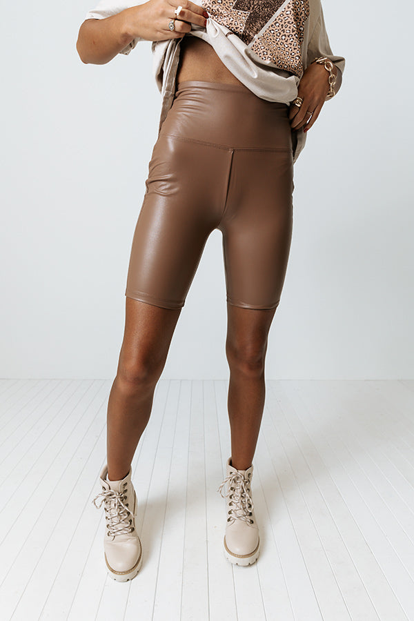 The Tegan Faux Leather Biker Shorts In Mocha